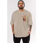 Ankhises Kyojuro Rengoku Ön Sol Baskılı Oversize T-Shirt Erkek Kadın Unisex Pamuk Bisiklet Yaka Tişort - Bej - XL