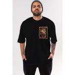 Ankhises Kyojuro Rengoku Ön Sol Baskılı Oversize T-Shirt Erkek Kadın Unisex Pamuk Bisiklet Yaka Tişort - Siyah