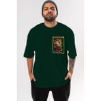 Ankhises Kyojuro Rengoku Ön Sol Baskılı Oversize T-Shirt Erkek Kadın Unisex Pamuk Bisiklet Yaka Tişort - Zümrüt Yeşili