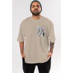 Ankhises Marin Kitagawa 1 Ön Sol Baskılı Oversize T-Shirt Erkek Kadın Unisex Pamuk Bisiklet Yaka Tişort - Bej