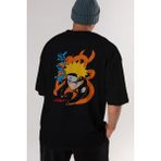 ankhises Naruto Uzumaki 1 Anime Arka Baskılı Siyah Oversize T-Shirt Erkek Kadın - XL