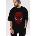Ankhises Spiderman Ön Baskılı Siyah Oversize T-shirt Unisex Erkek Kadın Bisiklet Yaka