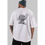 ankhisesBoombox Rockstar Arka Baskılı Beyaz Oversize T-Shirt Erkek Kadın Bisiklet Yaka