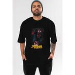 ankhisesSpiderman (25) Ön Baskılı Siyah Oversize T-Shirt Bisiklet Yaka Erkek Kadın