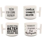 Anlam Lı Söz Baskılı 4 Lü Latte & Espresso Elyapımı T Kulplu Fincan - Beyaz - 300 cc