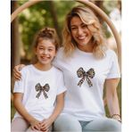Anne-Kız Fiyonk Leopar Baskılı Tshirt,bisiklet Yaka Beyaz-Siyah Tişört/t-Shirt (Tek Adet Fiyatıdır.)