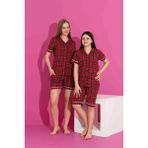Anne Kız Kombin Kısa Kollu Gömlek Şortlu Ekoseli Milan Kumaş Orta Kalın Pijama TAKIMI-3087