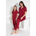 Anne Kız Kombin Kısa Kollu Gömlek Uzun Alt Milan Kumaş Orta Kalın Pijama TAKIMI-2909