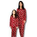 Anne Kız Kombin Önden Düğmeli Bebe Yaka%100 Pamuk Girl Desenli Pijama Takımı (Kırmızı)