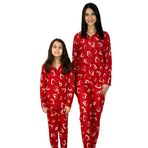 Anne Kız Kombin Önden Düğmeli Bebe Yaka%100 Pamuk Kalp Desenli Pijama Takımı (Kırmızı)