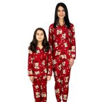 Anne Kız Kombin Önden Düğmeli Bebe Yaka%100 Pamuk Teddy Ayıcık Desenli Pijama Takımı (Kırmızı)