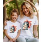Anne ve Kız Şirin Kedi Baskılı T-Shirt (Tekli Üründür Kombin Yapmak Için 2 Adet Sepete Ekleyiniz) - Beyaz - 2XL