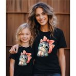 Anne ve Kız Şirin Kedi Baskılı T-Shirt (Tekli Üründür Kombin Yapmak Için 2 Adet Sepete Ekleyiniz) - Siyah - 8 Yaş