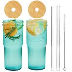 ANOTION Kapaklı ve Pipetli Yeşil Cam Bardaklar 2 Paket, 24 oz Seyahat Kahve Kupası Geniş Ağızlı Mason Kavanoz Buzlu Kahve Fincanı Smoothie Kupası Cam Bardak Çay Boba Kupası Şeffaf Sevimli Su