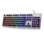 ANSWK Daktilo Tarzı Metal Panelli Oyun Klavyesi, Gökkuşağı LED Arkadan Aydınlatmalı, Yuvarlak Tuşlar, Gölgelenme Önleyici, Dökülmeye Dayanıklı, Işıklı USB Kablolu Retro 104 Tuş, Ofis için, Siyah/Gümüş