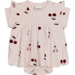 Antebies Organik Gots Sertifikalı Pembe Kiraz Masalı Omuzda Çıtçıtlı Fırfırlı Bodyli Kısa Kollu Kız Bebek Elbise - 9 - 12 Ay