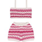 Antebies Pembe Beyaz Jakarlı Kolsuz Crop Bluz Şort Triko Kız Çocuk Takım - 3 - 4 Yaş