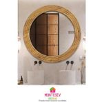Antik Ahşap Dekoratif Ayna Yuvarlak Ayna Duvar Aynası Banyo Lavabo Aynası - 43 Cm