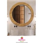 Antik Ahşap Dekoratif Ayna Yuvarlak Banyo Duvar Aynası 56 Cm Naturel