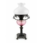 Antika Görünümlü El Yapımı Cam ve Ferforje Abajur, Opal Camlı Şapka, Pembe Üfleme Cam, 25x54 cm, Vintage Masa Lambası