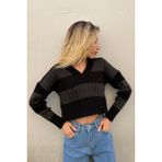 Antrasit V Yaka Çizgili Crop Kadın Kazak MG1441 - Standart