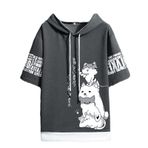 Aobiono Erkek Kadın Kawaii Anime Kedi Tişört Japon Tişört Karikatür Estetik Sevimli Manga Hazırlık Kısa Kollu Kapüşonlu Üst Kore, Koyu Gri, XL
