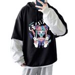 Aobiono Erkek Kadın Y2K Anime Kapüşonlu Harajuku Emo Grunge Gotik Alt Japon Dark Academia Punk Kawaii Estetik Sahte İki Parça, Siyah-C, L