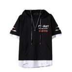 Aobiono Erkek Kadın Y2K Techwear Tişört Sokak Giyim Vintage Tişört Eskitilmiş Preppy Grunge Kısa Kollu Kapüşonlu Üst Emo Alt Üniseks, Siyah, XXL