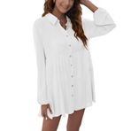 Aobiono Gömlek Uzun Kollu Fırfırlı Çiçekli Mini Beyaz XL Kadın Elbise