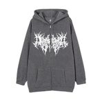 Aobiono Kadın Erkek Y2K Fermuarlı Kapüşonlu Büyük Boy Gotik Emo Grunge Grafik Bol Alt Sokak Giyimi Unisex Vintage Polar Ceket 90'lar, Koyu Gri, S
