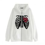 Aobiono Kadın Erkek Y2K Zip Up Büyük Boy Hoodie İskelet Kalp Gotik Emo Grunge Alt Grafik Bol Polar Ceket 90'lar Sokak Giyimi, Beyaz, XL