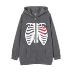 Aobiono Kadın Erkek Y2K Zip Up Büyük Boy Hoodie İskelet Kalp Gotik Emo Grunge Alt Grafik Bol Polar Ceket 90'lar Sokak Giyimi, Koyu Gri, M