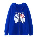 Aobiono Kadın Erkek Y2K Zip Up Büyük Boy Hoodie İskelet Kalp Gotik Emo Grunge Alt Grafik Bol Polar Ceket 90'lar Sokak Giyimi, Mavi, XL