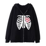 Aobiono Kadın Erkek Y2K Zip Up Büyük Boy Hoodie İskelet Kalp Gotik Emo Grunge Alt Grafik Bol Polar Ceket 90'lar Sokak Giyimi, Siyah, 3XL