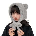 Aobiono Kadın Kawaii Ayı Kulaklı Kış Polar Şapka Kar Maskesi Şerpa Bere Y2K Sevimli Estetik Ponponlu Kız Skully Şapka Sıcak Peluş, Gri, Tek Beden