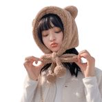 Aobiono Kadın Kawaii Ayı Kulaklı Kış Polar Şapka Kar Maskesi Şerpa Bere Y2K Sevimli Estetik Ponponlu Kız Skully Şapka Sıcak Peluş, Haki, Tek Beden