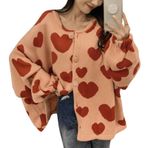 Aobiono Kadın Kawaii Hırka Kalp Pembe Kimono Kız Estetik Kazak Sevimli Japon Kore Örgü Sweatshirt Hazırlık Düğmeli, Pembe, M