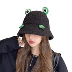Aobiono Kadın Kawaii Kurbağa Polar Kova Şapka Peluş Örgü Şapka Şerpa Sevimli Estetik Japon Kore Harajuku Preppy Sonbahar Kış, Siyah, Tek Beden