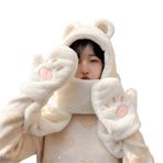 Aobiono Kadın Kawaii Polar Ayı Kulakları Şapka Eşarp Eldiven 3'ü 1 arada Kar Maskesi Eldiven Kış Şerpa Bere Kız Örgü Şapka Sevimli Peluş, Beyaz, Tek Beden