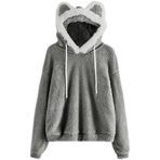 Aobiono Kadın Kedi Kawaii Kapüşonlu Sevimli Estetik Polar Çizgi Film Anime Harajuku Kapüşonlu Sweatshirt Pijama Uzun Kollu Üst, Gri, M