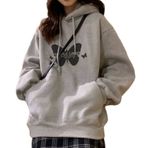 Aobiono Kadın Kız Y2K Kelebek Kapüşonlu Harajuku Preppy Kore Polar Alt Emo Grunge Büyük Beden Sevimli Estetik Işık Akademi, Gri, XXL