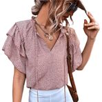Aobiono Kadın Leopar Cottagecore Boho Fırfırlı Yarasa Kısa Kollu Tişört