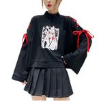 Aobiono Kadın Y2K Kawaii Kapüşonlu Anime Harajuku Alternatif Estetik Sevimli Japon Cadı Hayalet Grunge Svetşört Uzun Kollu, Siyah Kırmızı, L