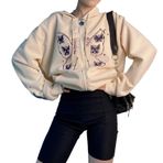 Aobiono Kadın Y2K Kelebek Kapüşonlu Fermuarlı Ceket Harajuku Grunge Gotik Alt Emo Preppy Vintage Kore Siber E-kız 90'lar, Bej, XL