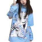 Aobiono Kadın Y2K Tişört Anime Oversleeve Harajuku Kawaii Japon E-kız Estetik Alt Üst Gotik Dark Academia 90'lar Sevimli, Mavi, XL