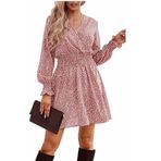Aobiono Kadın Yaz Bahar Elbisesi Leopar Boho Uzun Kollu V Yaka A Kesim Fırfırlı Mini Çay Seksi Günlük Plaj Tatili, Pembe, M