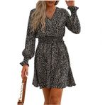 Aobiono Kadın Yaz Bahar Elbisesi Leopar Boho Uzun Kollu V Yaka A Kesim Fırfırlı Mini Çay Seksi Günlük Plaj Tatili, Siyah, XL
