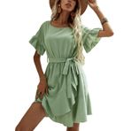 Aobiono Kadın Yaz Bahar Elbisesi Mini Boho Sarma Bölünmüş Çan Fırfırlı Kısa Kollu Kemer Sundress Çiçekli Parti Plaj Tatili, Yeşil, M