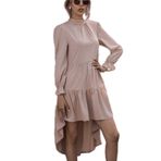 Aobiono Kadın Yaz Bahar Elbisesi Uzun Puff Kollu Babydoll Fırfırlı Boho Flounce Yüksek Düşük Günlük Mezuniyet Düğün Misafir Nedime, Haki, S
