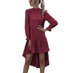 Aobiono Kadın Yaz Bahar Elbisesi Uzun Puff Kollu Babydoll Fırfırlı Boho Flounce Yüksek Düşük Günlük Mezuniyet Düğün Misafir Nedime, Kırmızı, M